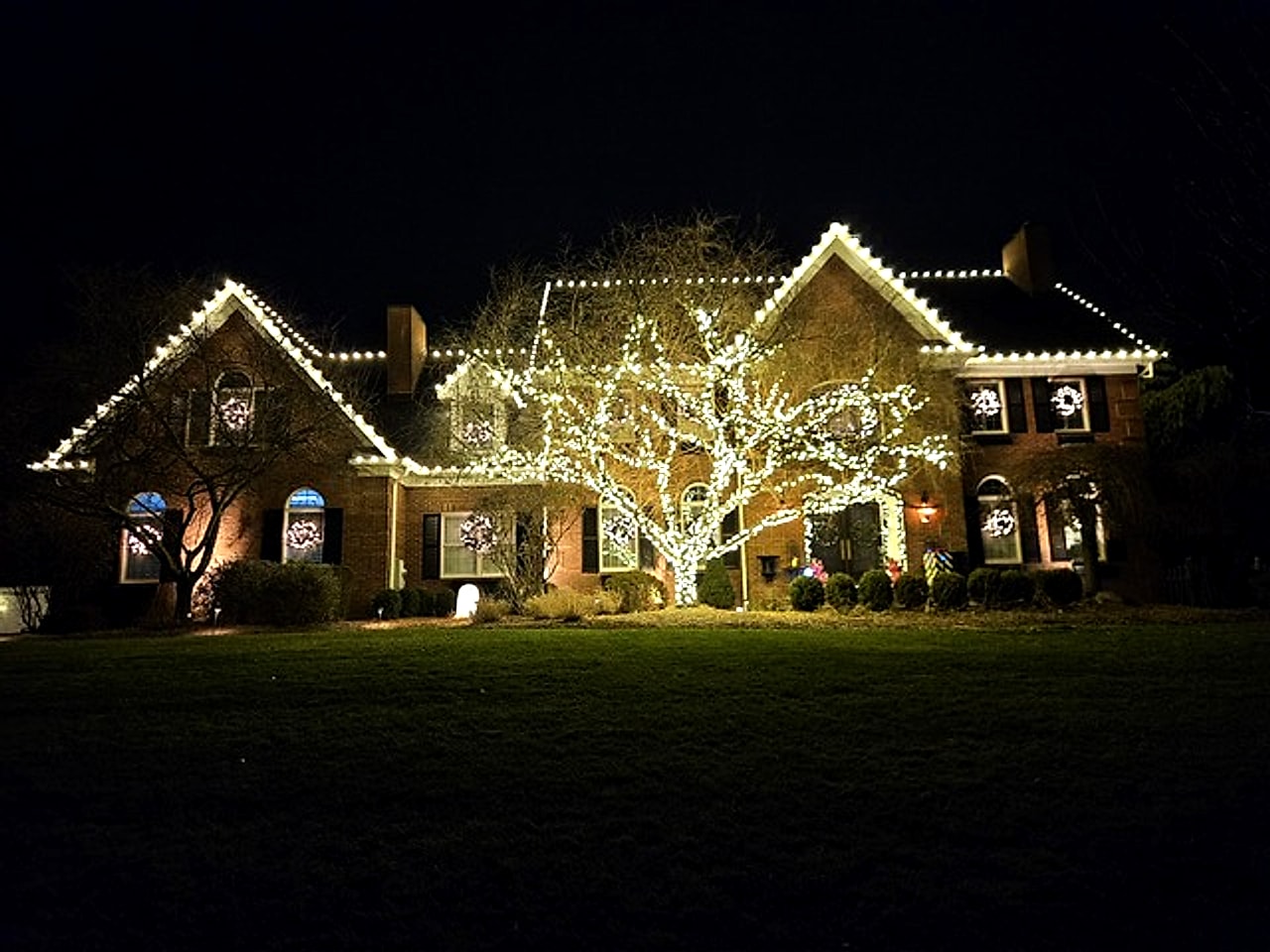 Warm white C9 LED roofline holiday lighting with an illuminated tree on a luxury brick home